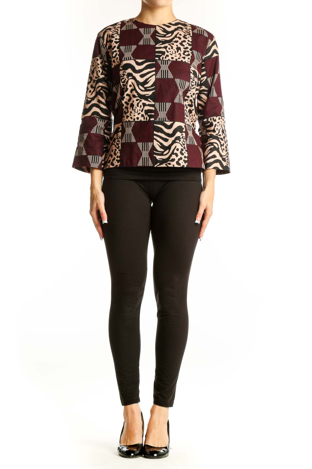 Front view of Heritage Clothing burgundy animal print patchwork top