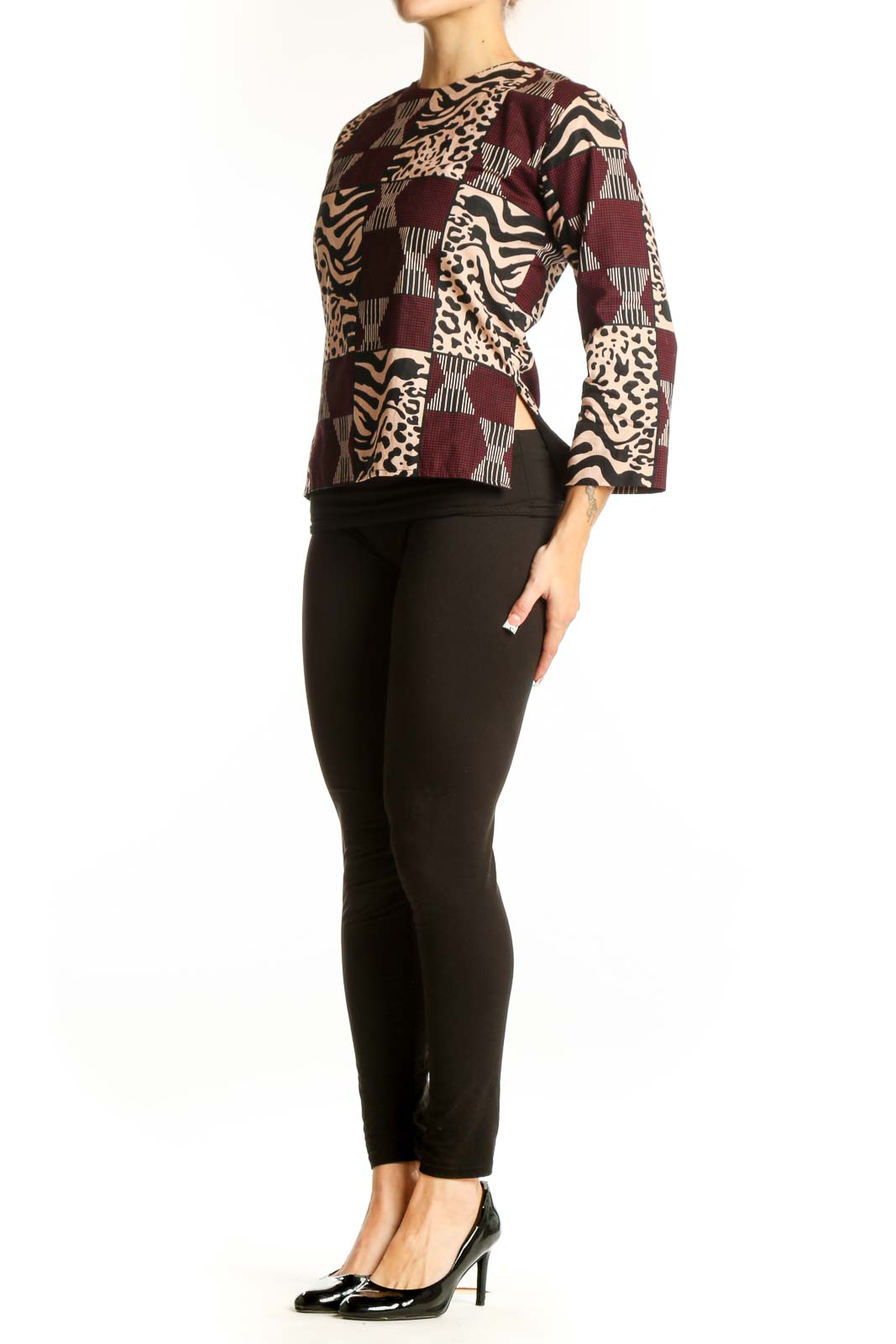 Front view of Heritage Clothing burgundy animal print patchwork top