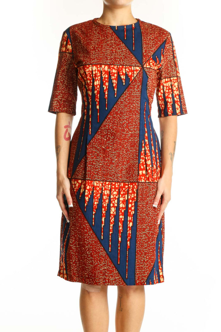 Front view of SilkRoll orange and navy geometric print midi dress
