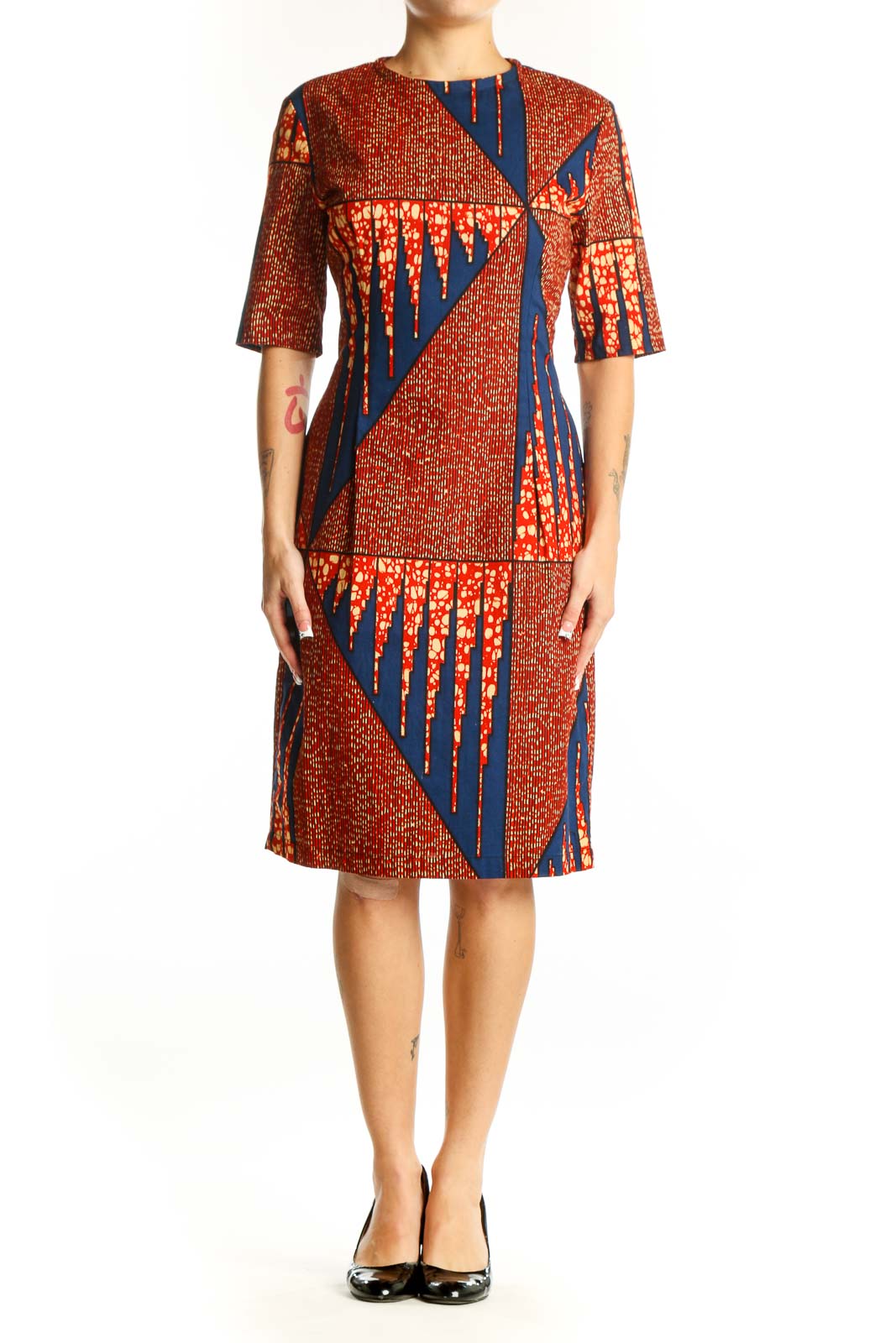 Front view of SilkRoll orange and navy geometric print midi dress