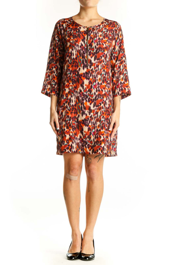 Front view of orange leopard print shift dress by bar III