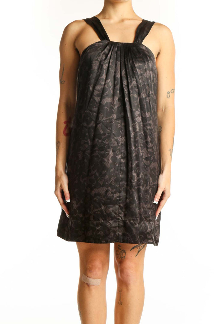 Front view of Banana Republic black floral cocktail dress with gathered neckline