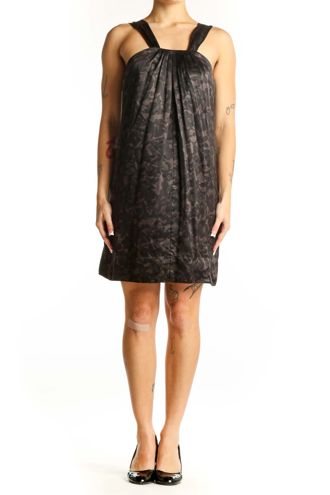 Front view of Banana Republic black floral cocktail dress with gathered neckline