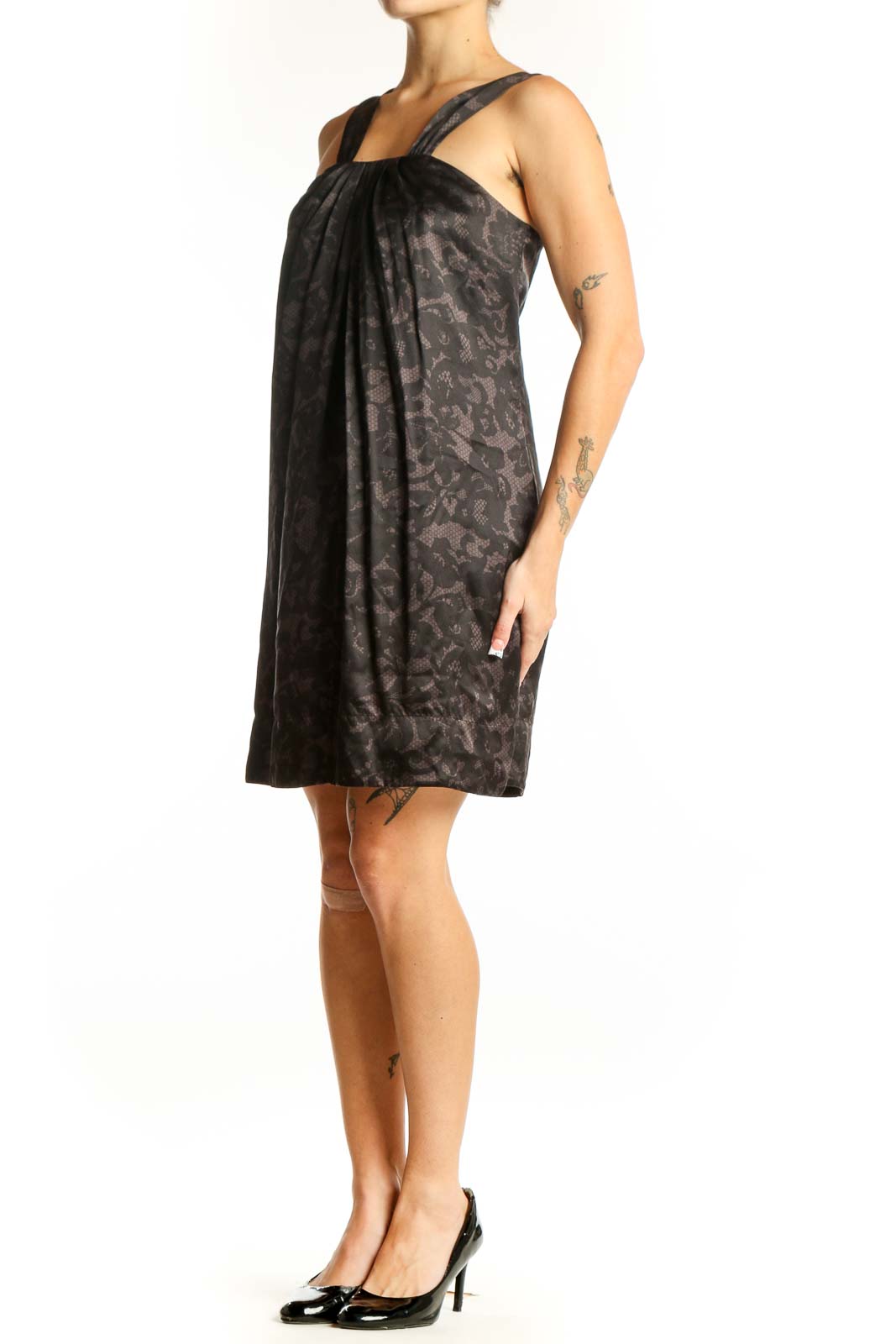 Front view of Banana Republic black floral cocktail dress with gathered neckline