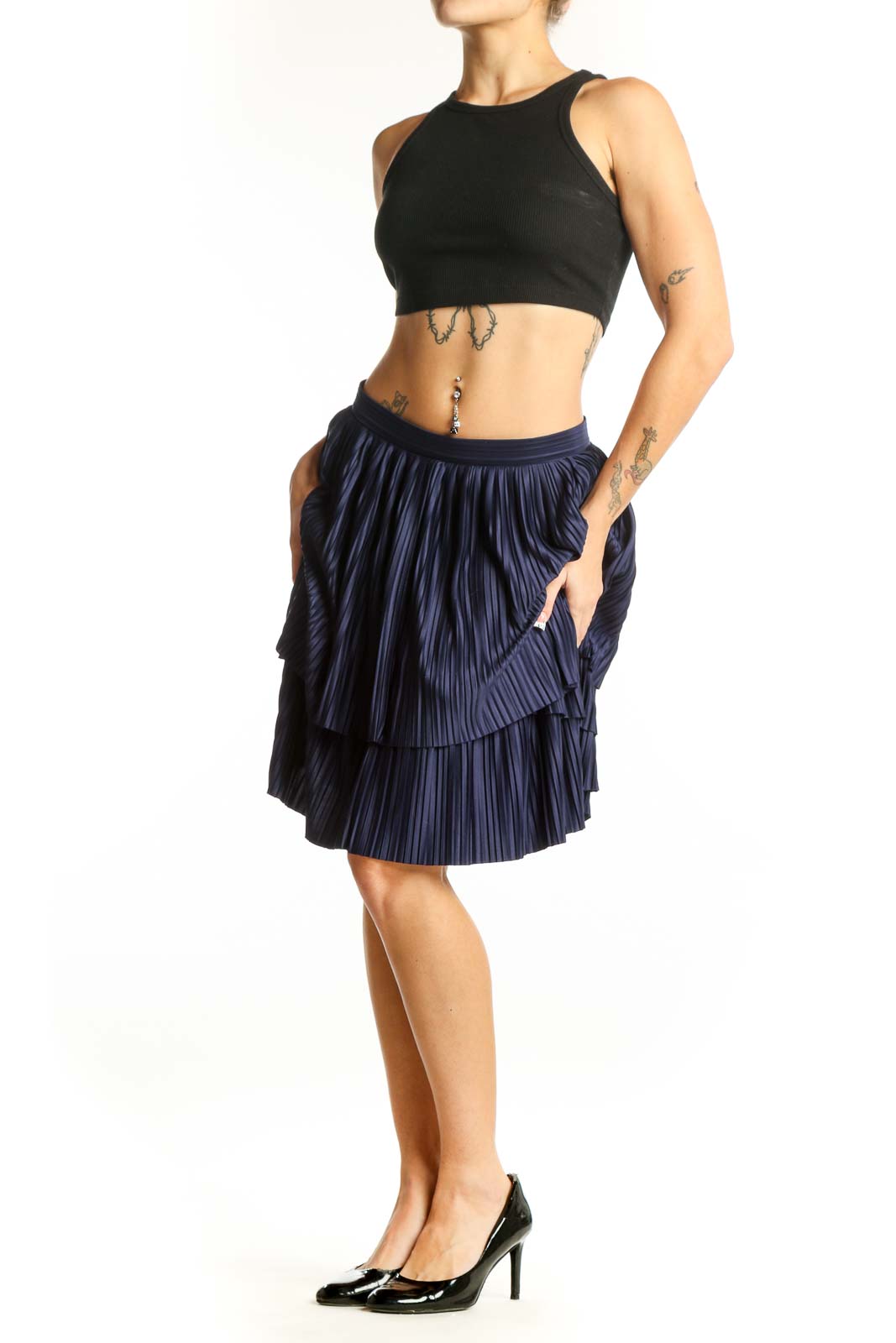 Front view of navy pleated tiered skirt from Banana Republic