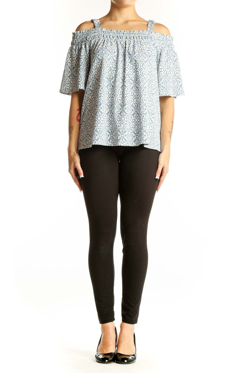 Front view of Melloday blue and white floral off-shoulder top with adjustable straps