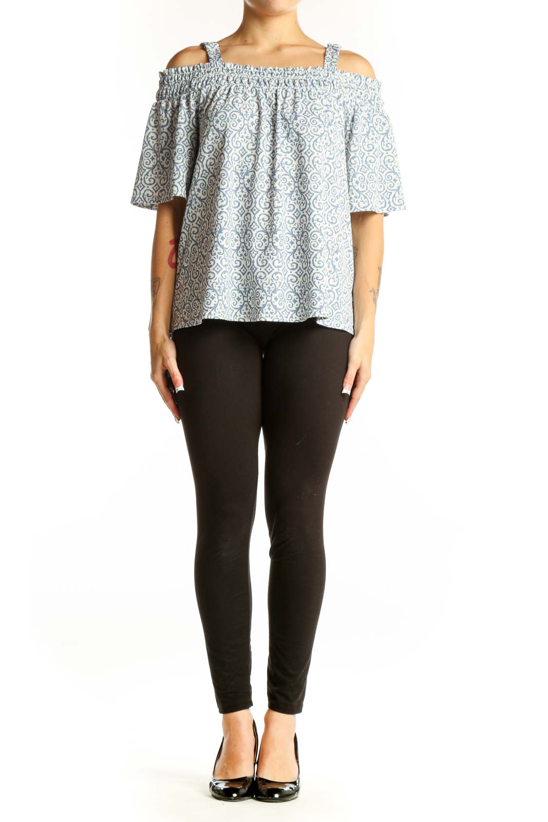 Front view of Melloday blue and white floral off-shoulder top with adjustable straps