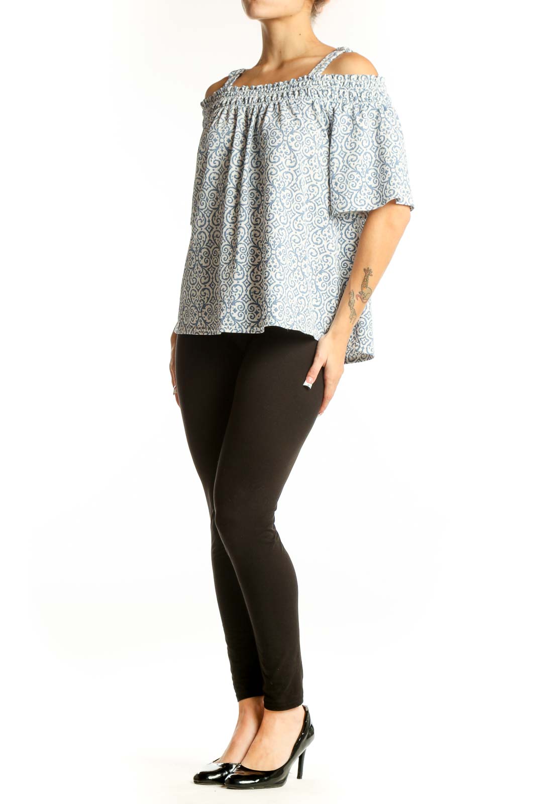 Front view of Melloday blue and white floral off-shoulder top with adjustable straps