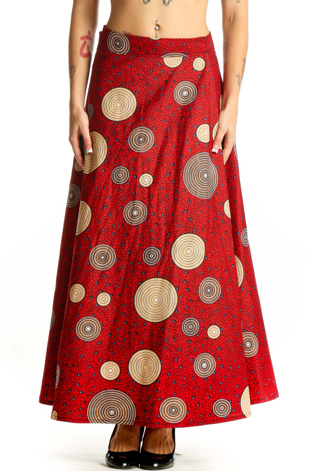 Front view of red maxi skirt with circular patterns