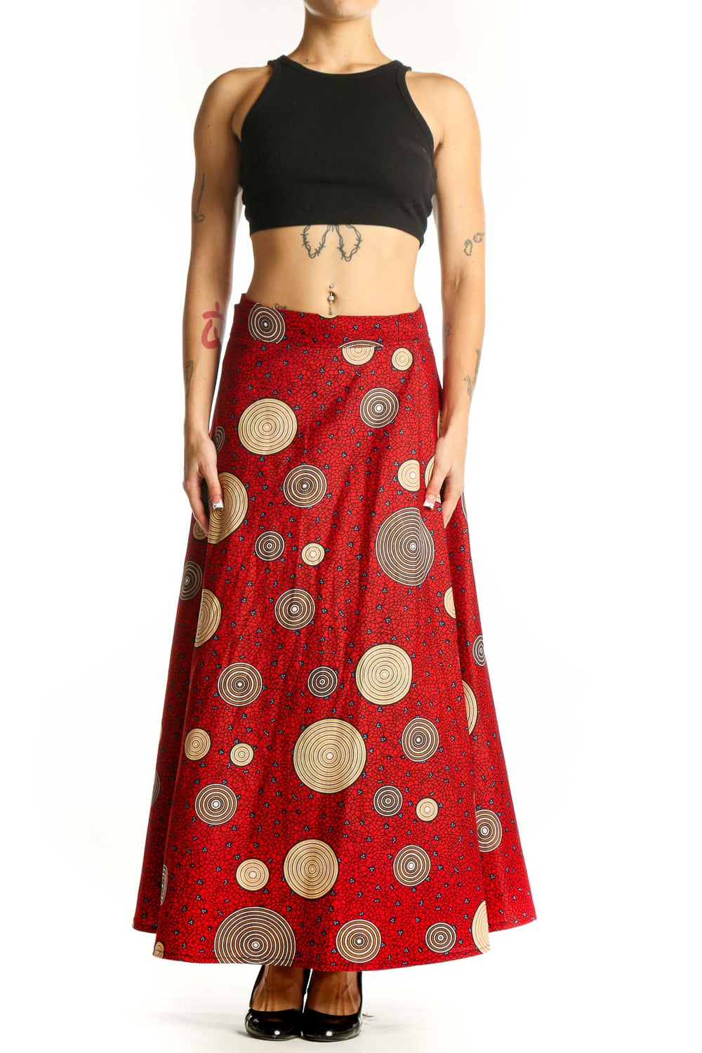Front view of red maxi skirt with circular patterns