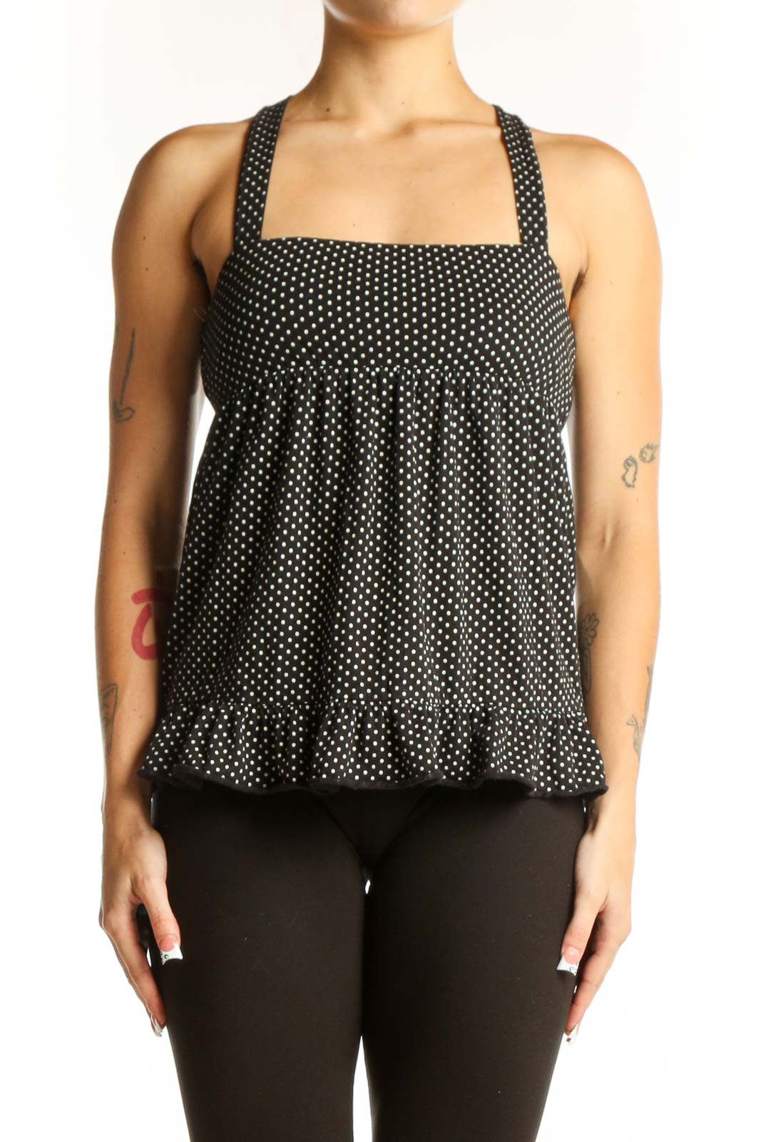 Front view of J.Crew black polka dot cotton halter top with square neckline