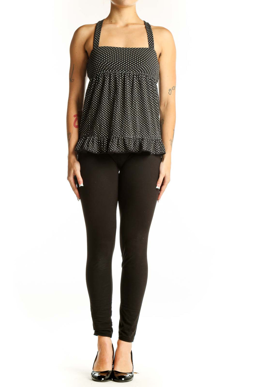 Front view of J.Crew black polka dot cotton halter top with square neckline