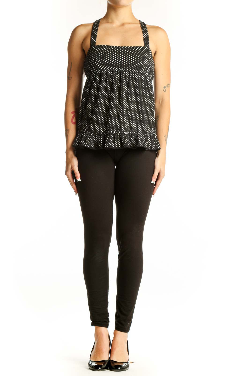 Front view of J.Crew black polka dot cotton halter top with square neckline