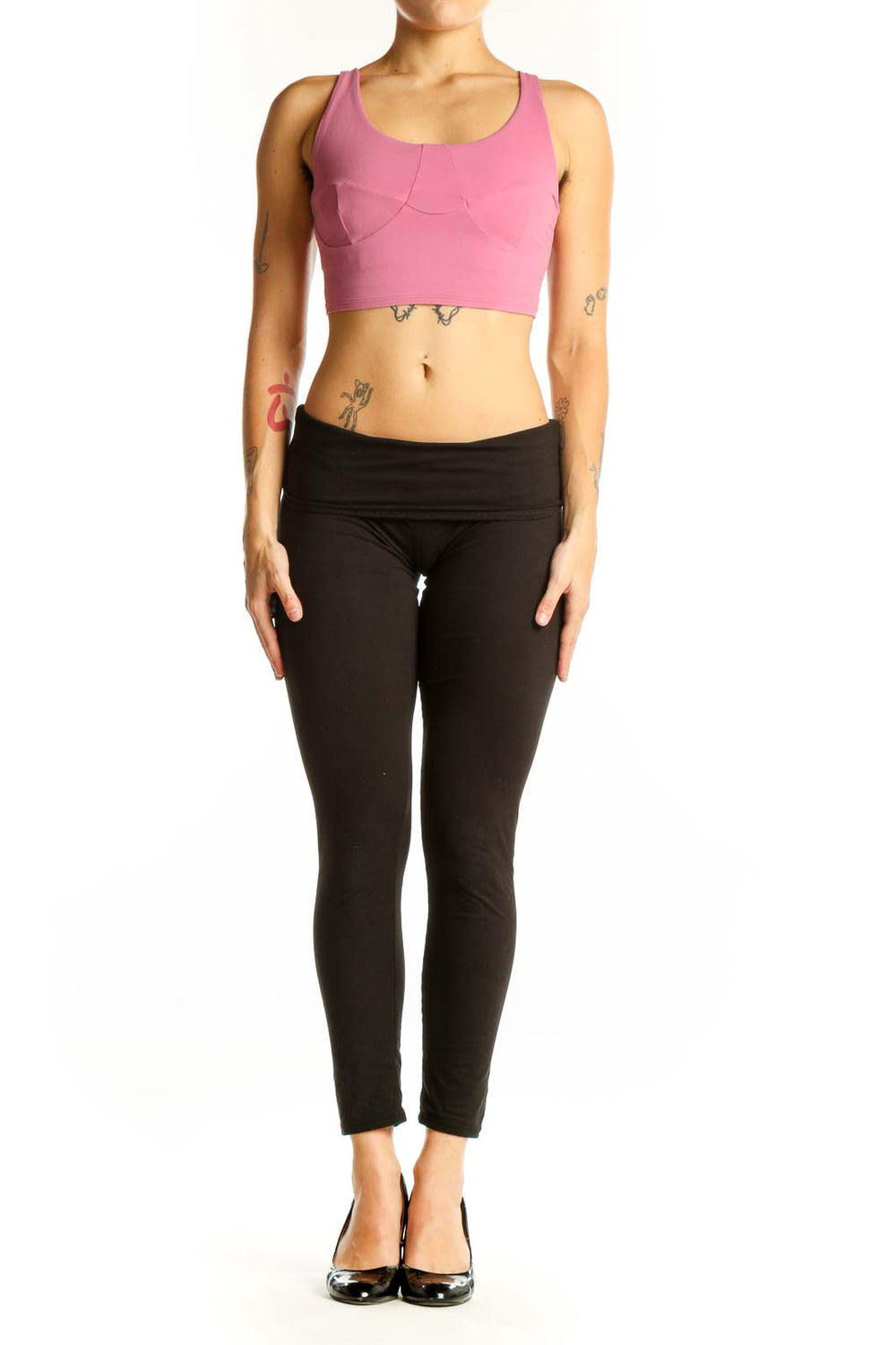 Front view of pink Lululemon racerback crop top