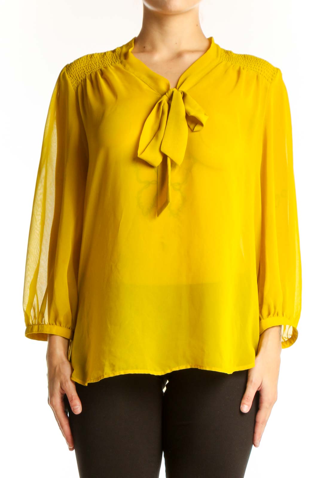 Front view of yellow sheer tie-neck blouse from LOFT