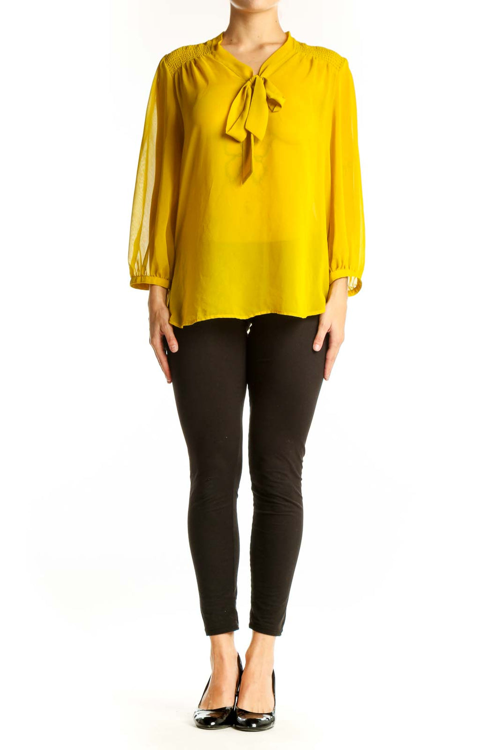 Front view of yellow sheer tie-neck blouse from LOFT