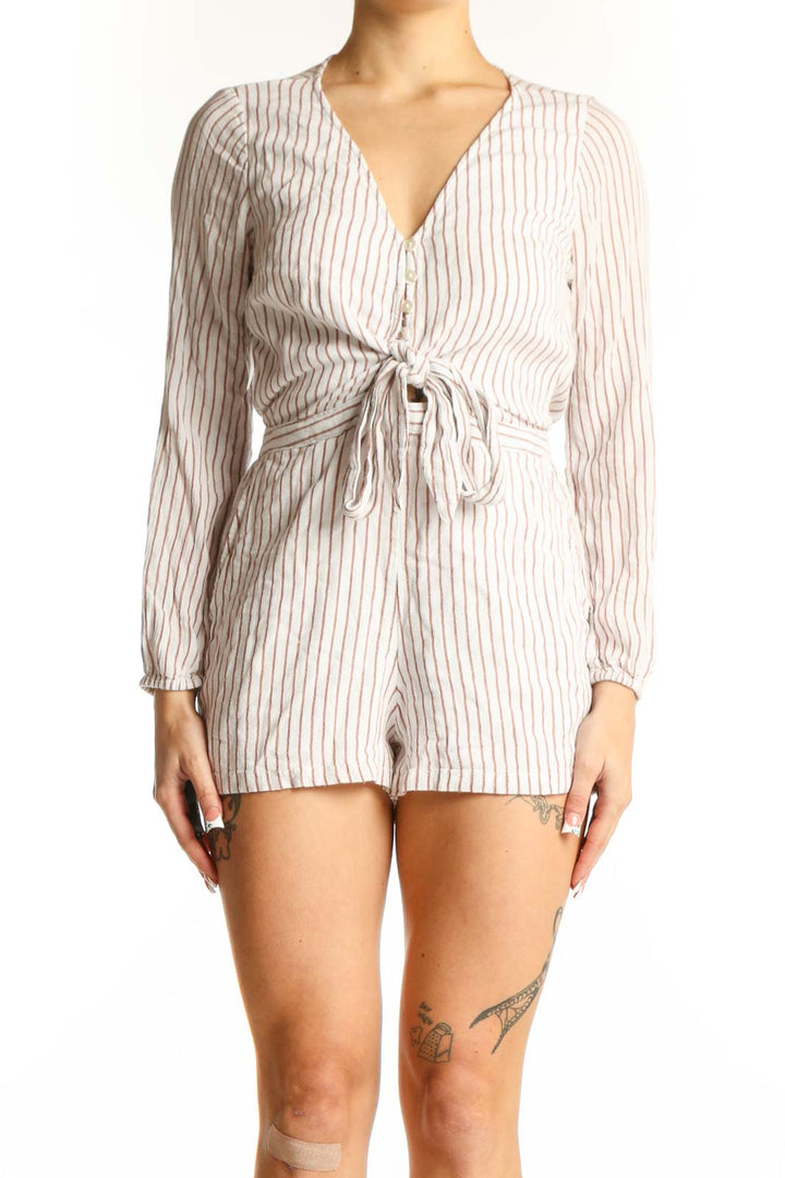 Front view of white striped tie-front romper from Abercrombie & Fitch