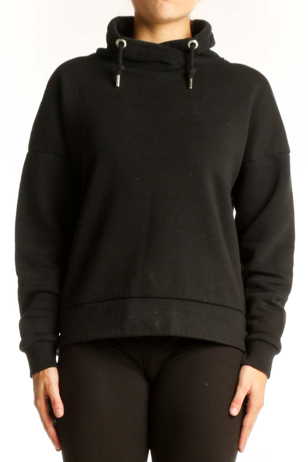 Front view of black cowl neck sweatshirt from Banana Republic