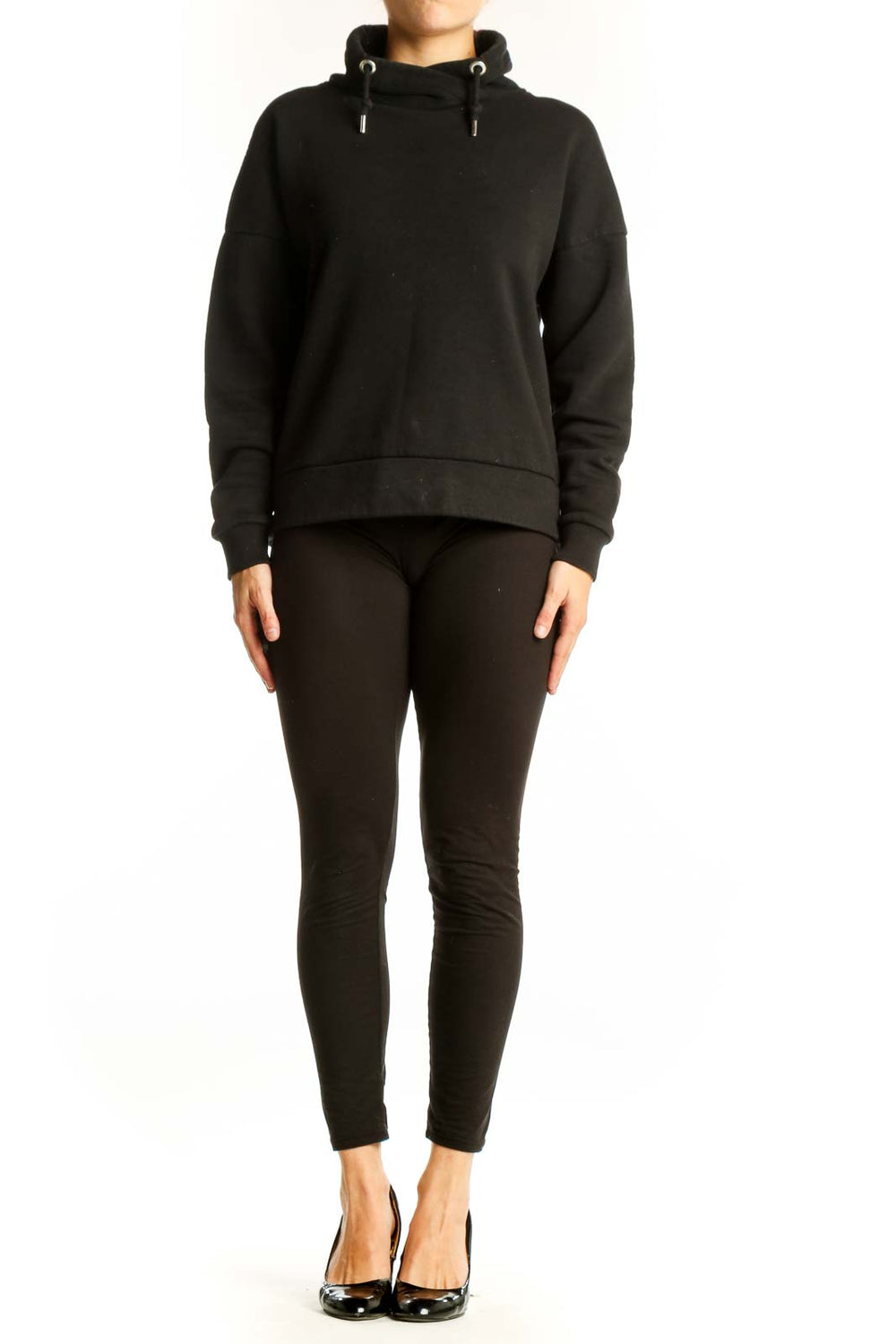 Front view of black cowl neck sweatshirt from Banana Republic