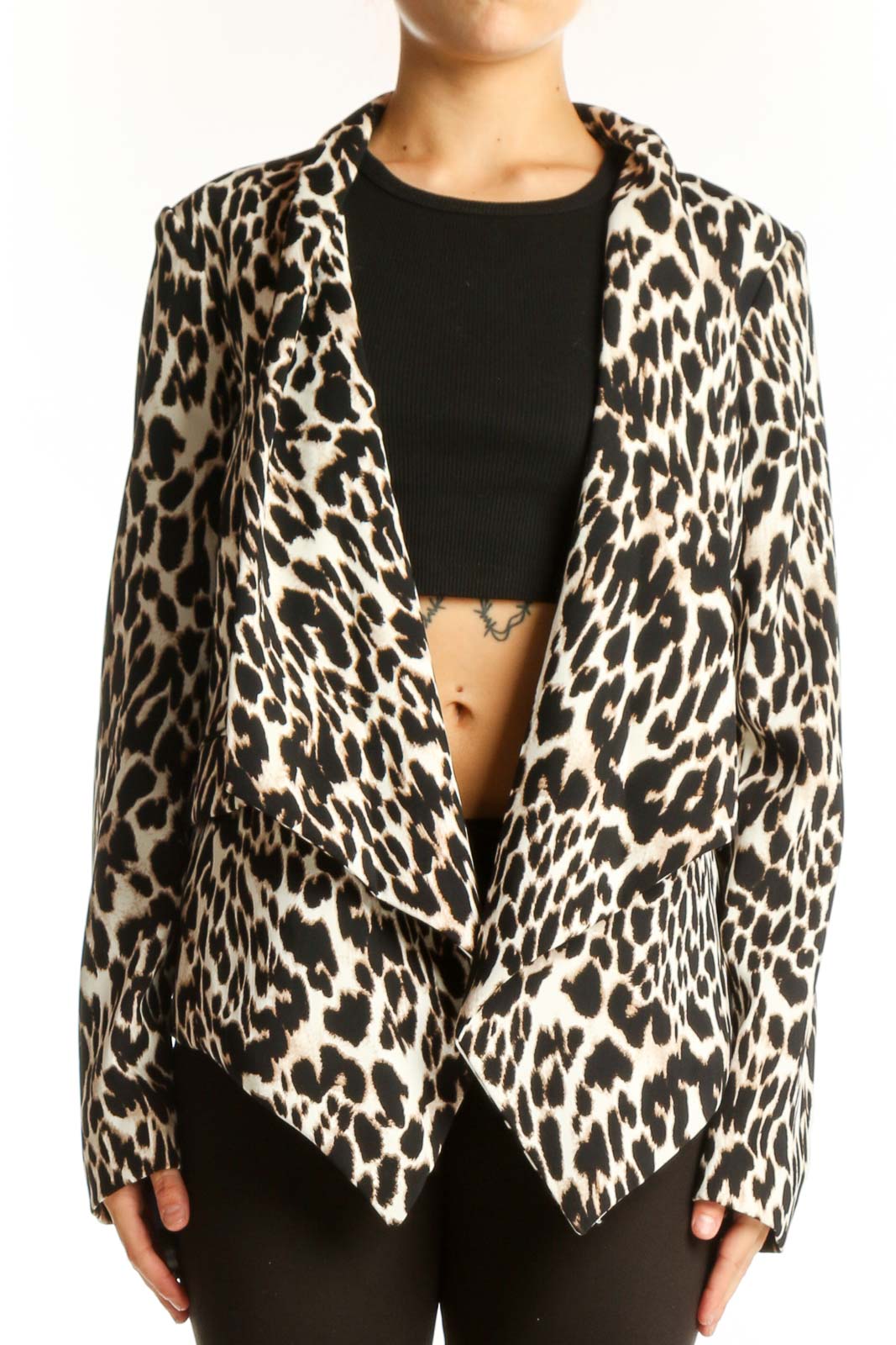 Front view of Calvin Klein black and white leopard print jacket