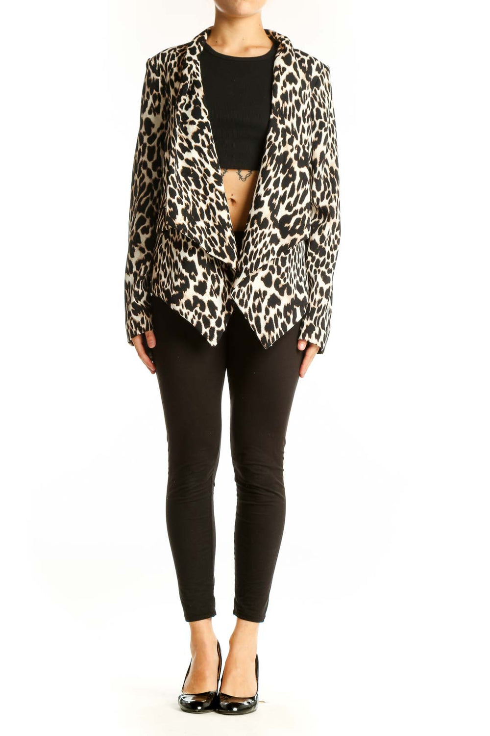 Front view of Calvin Klein black and white leopard print jacket