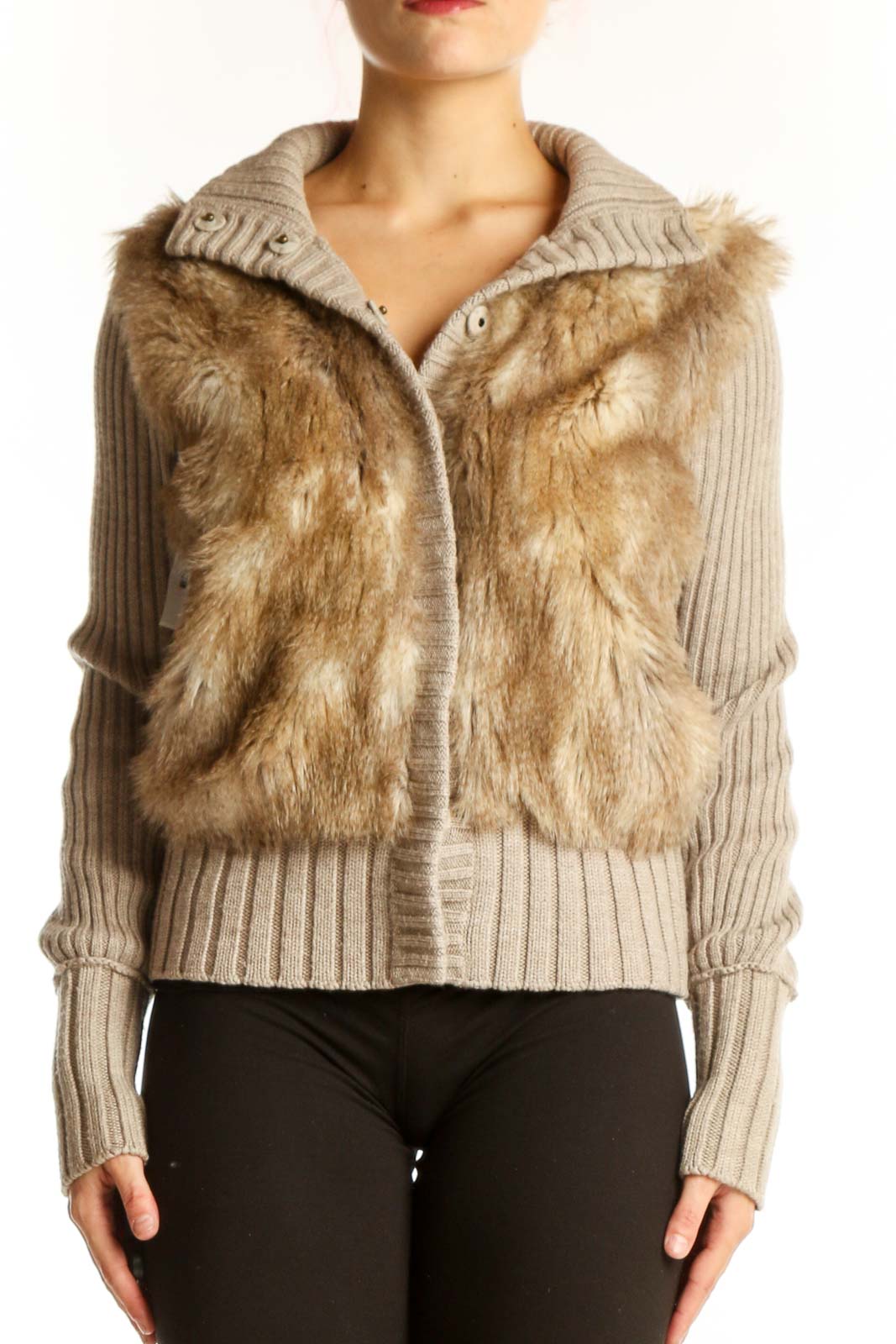 Front view of Club Monaco beige faux fur knit jacket with zip closure