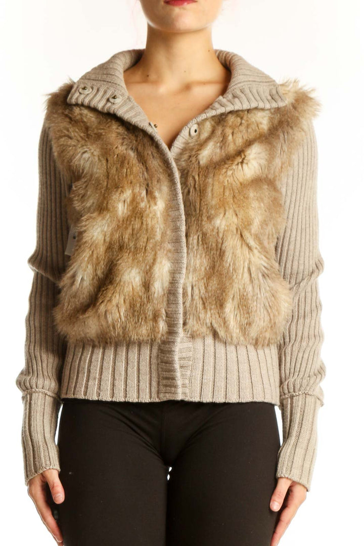 Front view of Club Monaco beige faux fur knit jacket with zip closure
