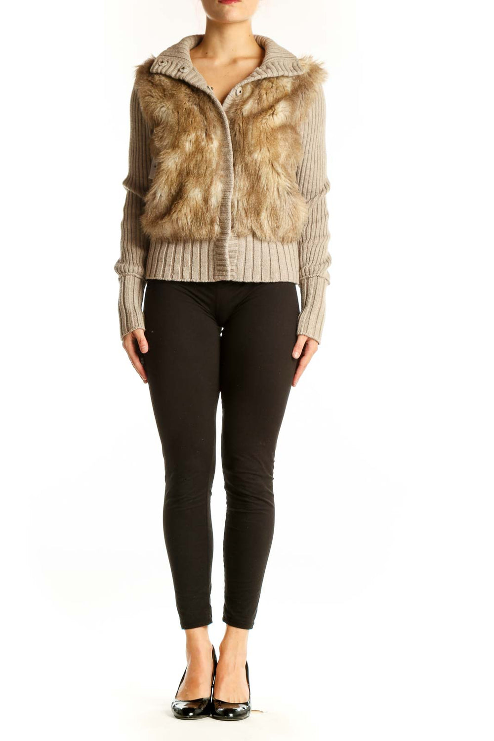 Front view of Club Monaco beige faux fur knit jacket with zip closure