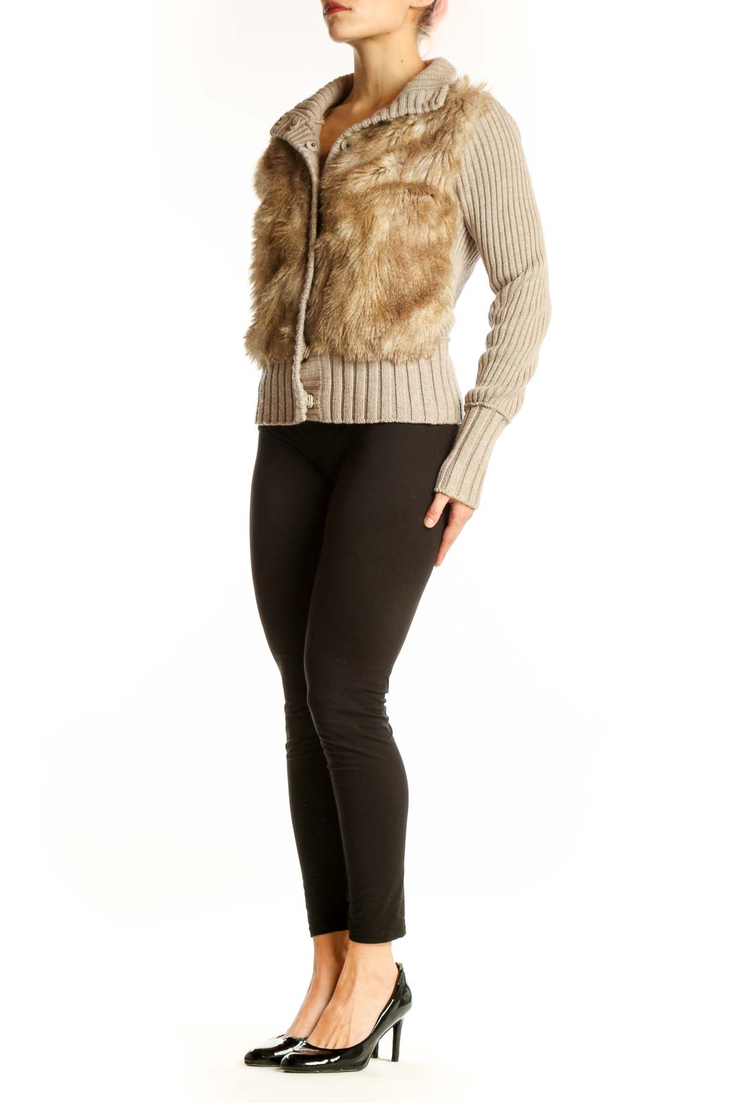 Front view of Club Monaco beige faux fur knit jacket with zip closure