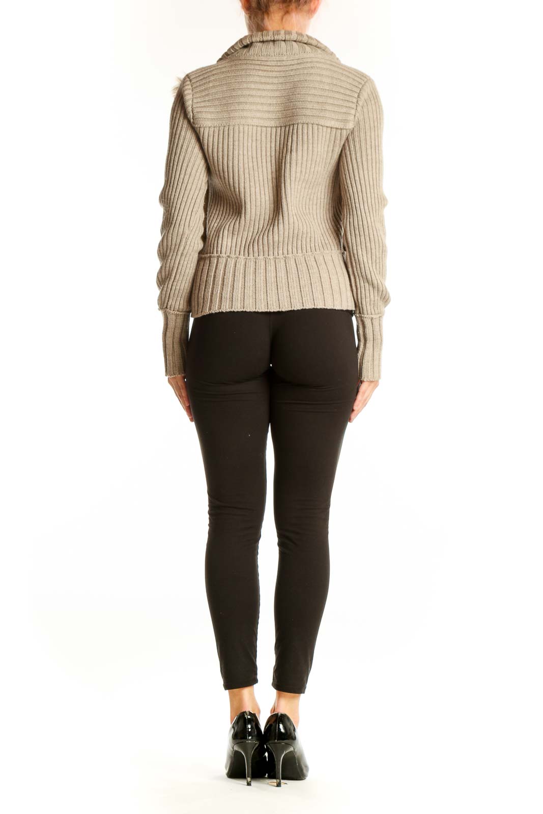 Side view of Club Monaco beige faux fur knit jacket showing ribbed sleeves and fur front