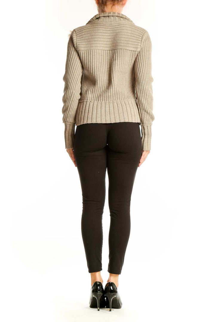 Side view of Club Monaco beige faux fur knit jacket showing ribbed sleeves and fur front