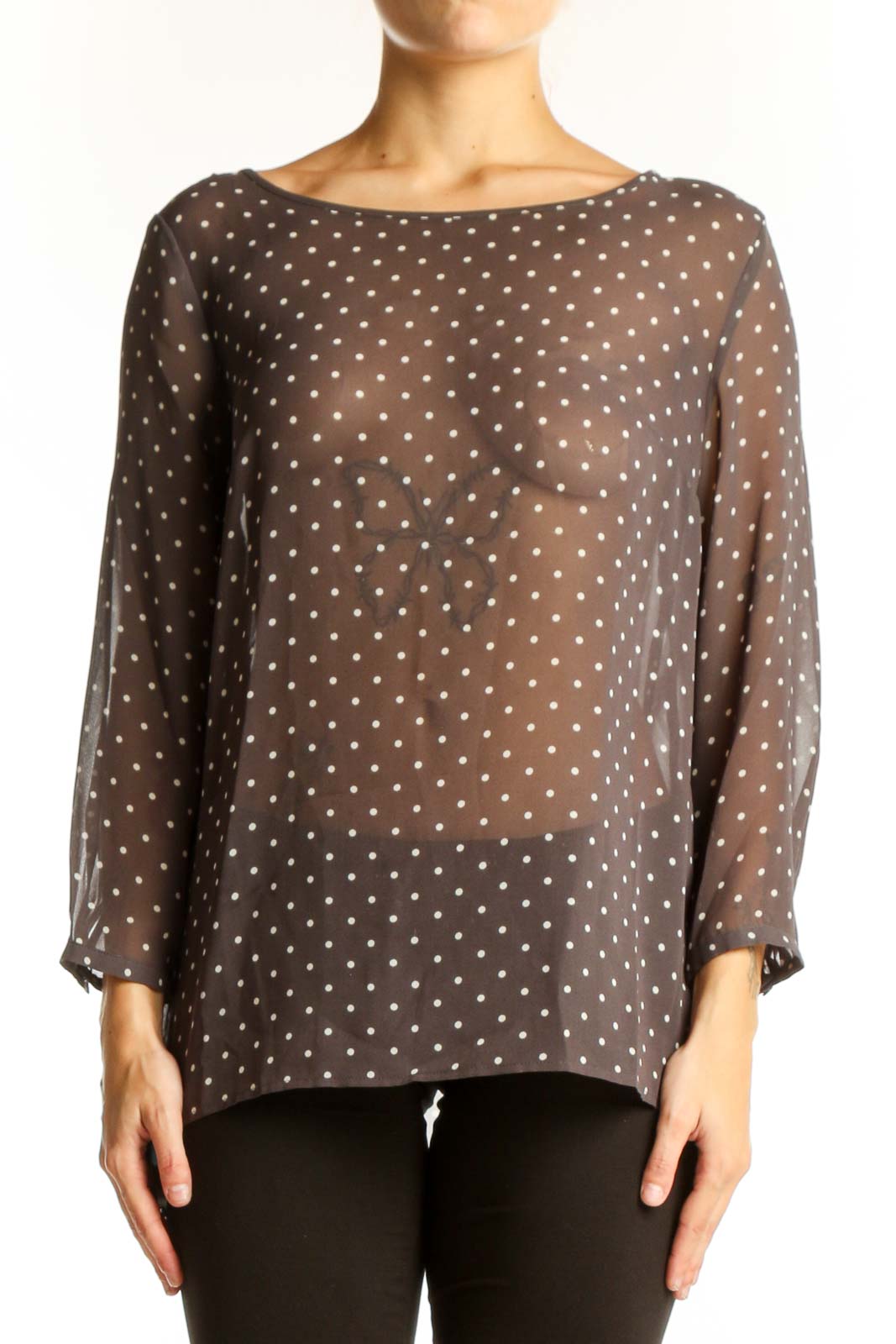 Front view of LOFT brown polka dot sheer blouse