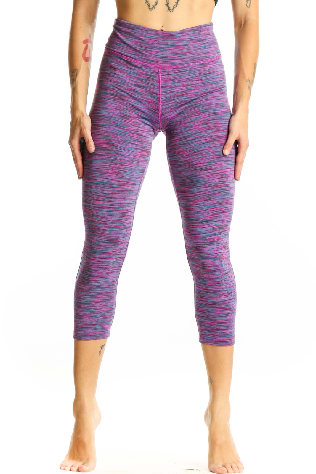 Front view of purple space-dyed Vogo capri leggings with high waist