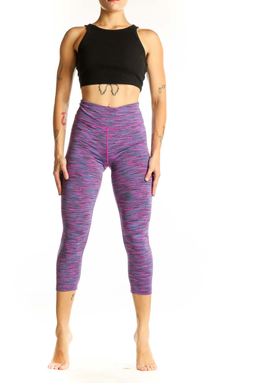Front view of purple space-dyed Vogo capri leggings with high waist