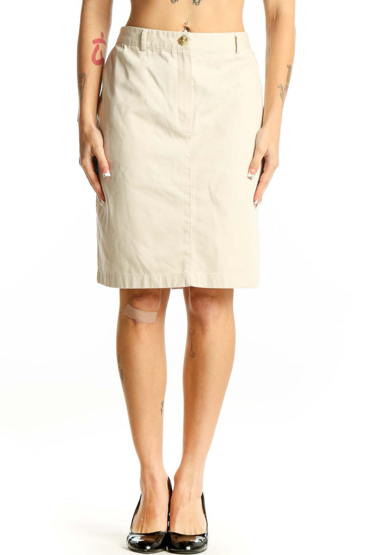 Front view of L.L.Bean beige cotton knee-length pencil skirt