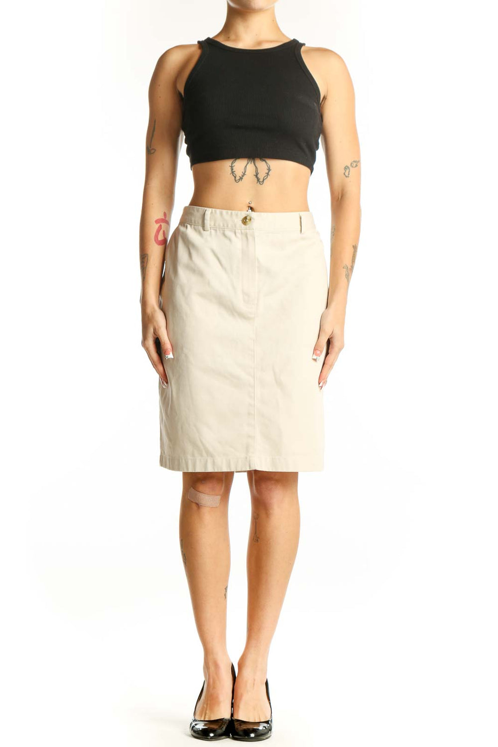 Front view of L.L.Bean beige cotton knee-length pencil skirt