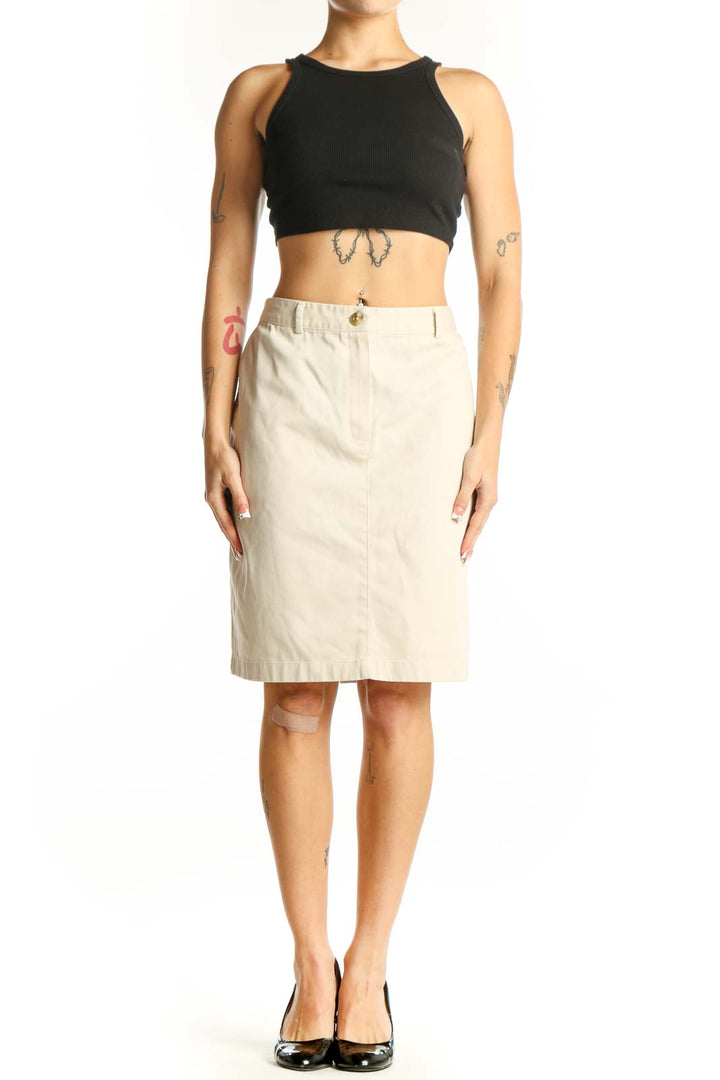 Front view of L.L.Bean beige cotton knee-length pencil skirt