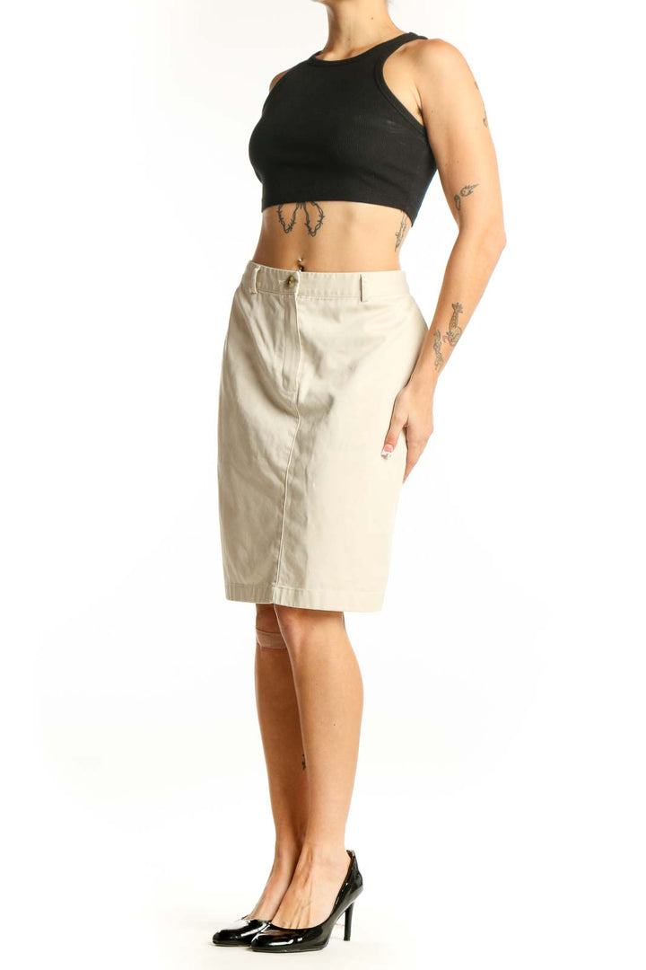 Front view of L.L.Bean beige cotton knee-length pencil skirt