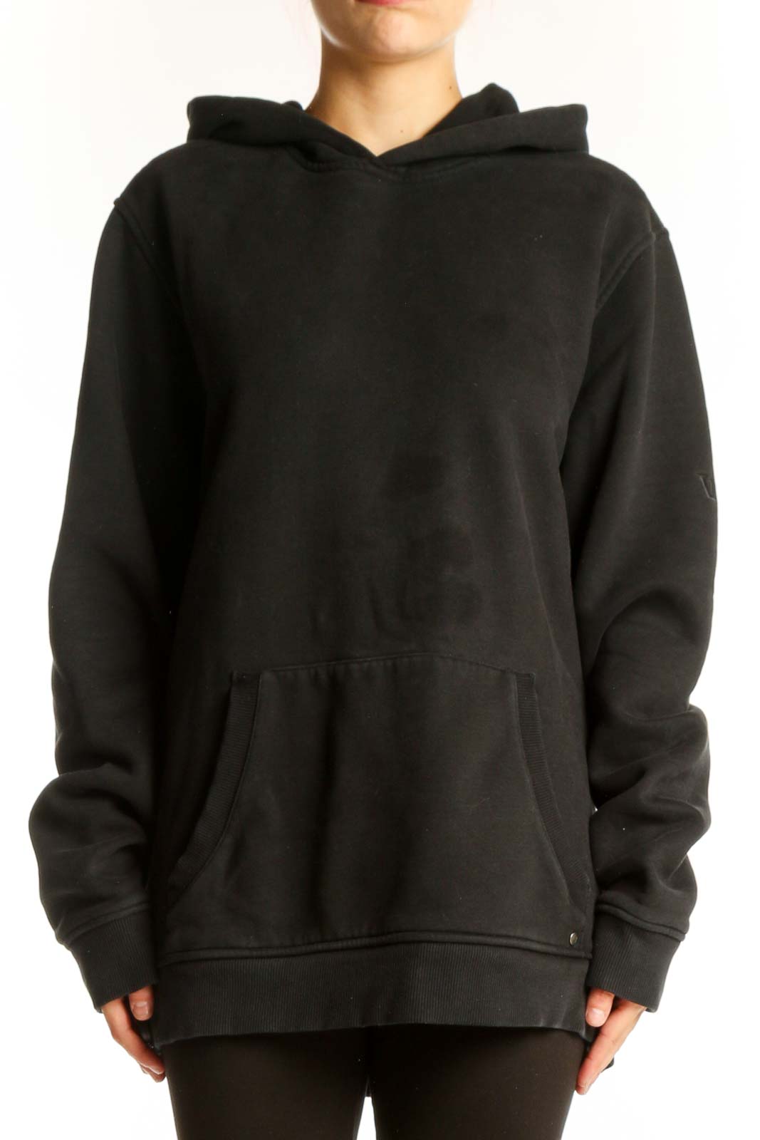 Front view of black Vuori oversized hoodie with kangaroo pocket