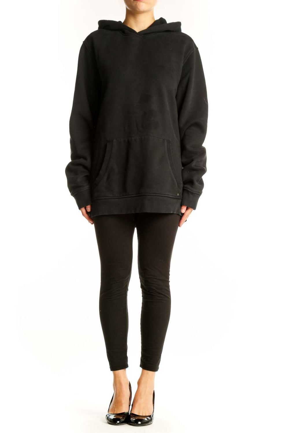 Front view of black Vuori oversized hoodie with kangaroo pocket