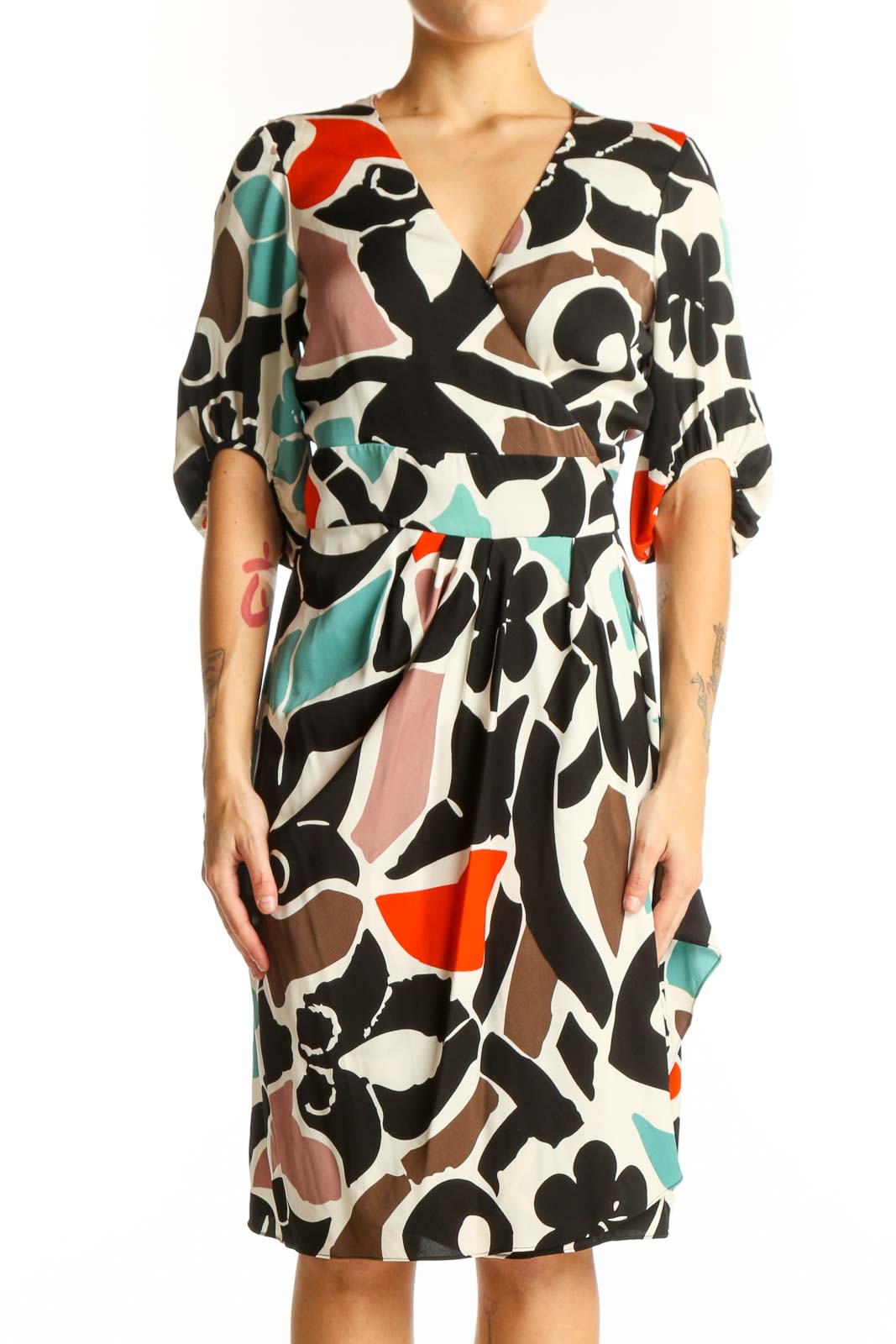 Front view of Diane von Furstenberg multicolor abstract floral wrap dress