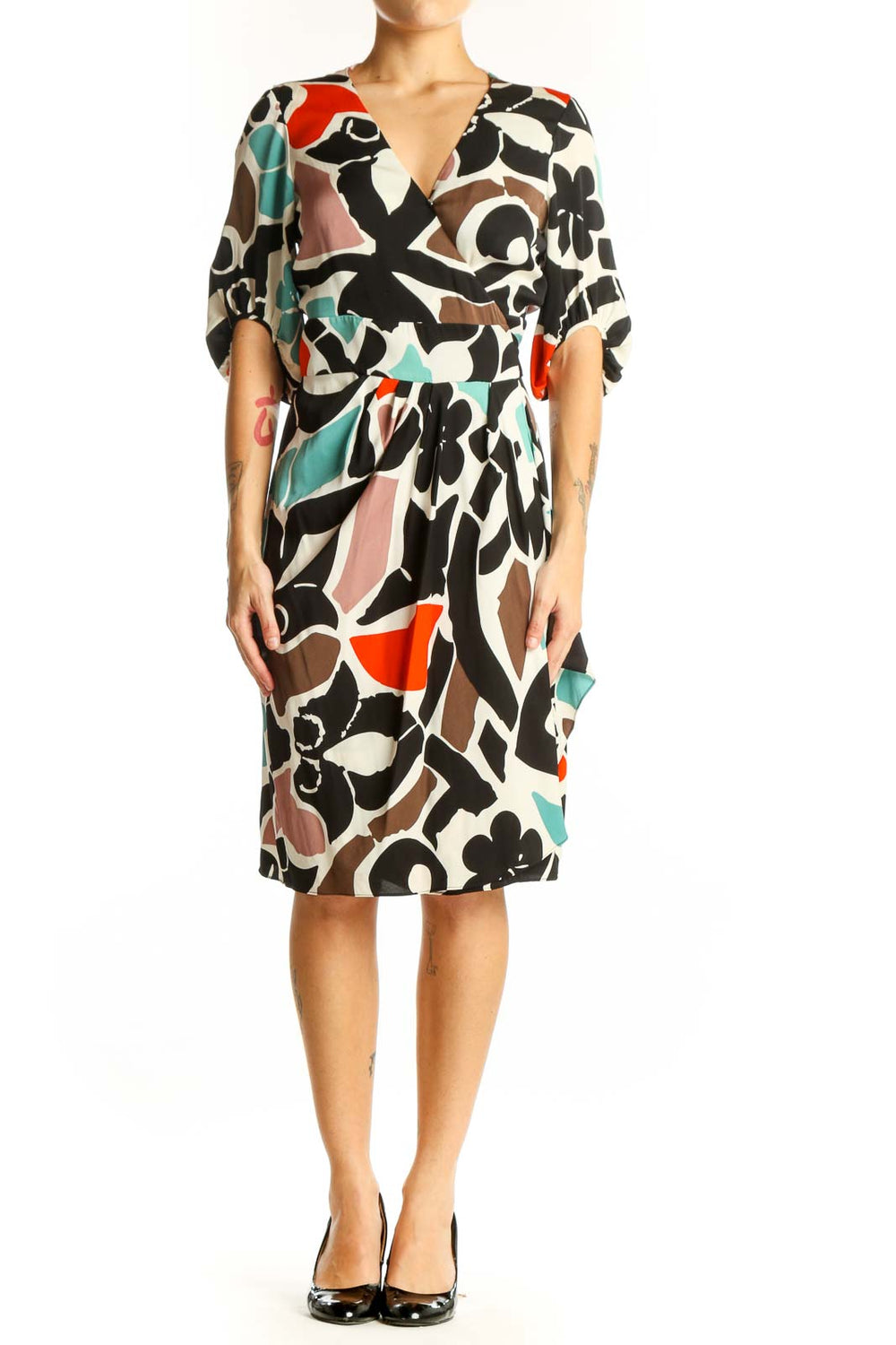 Front view of Diane von Furstenberg multicolor abstract floral wrap dress