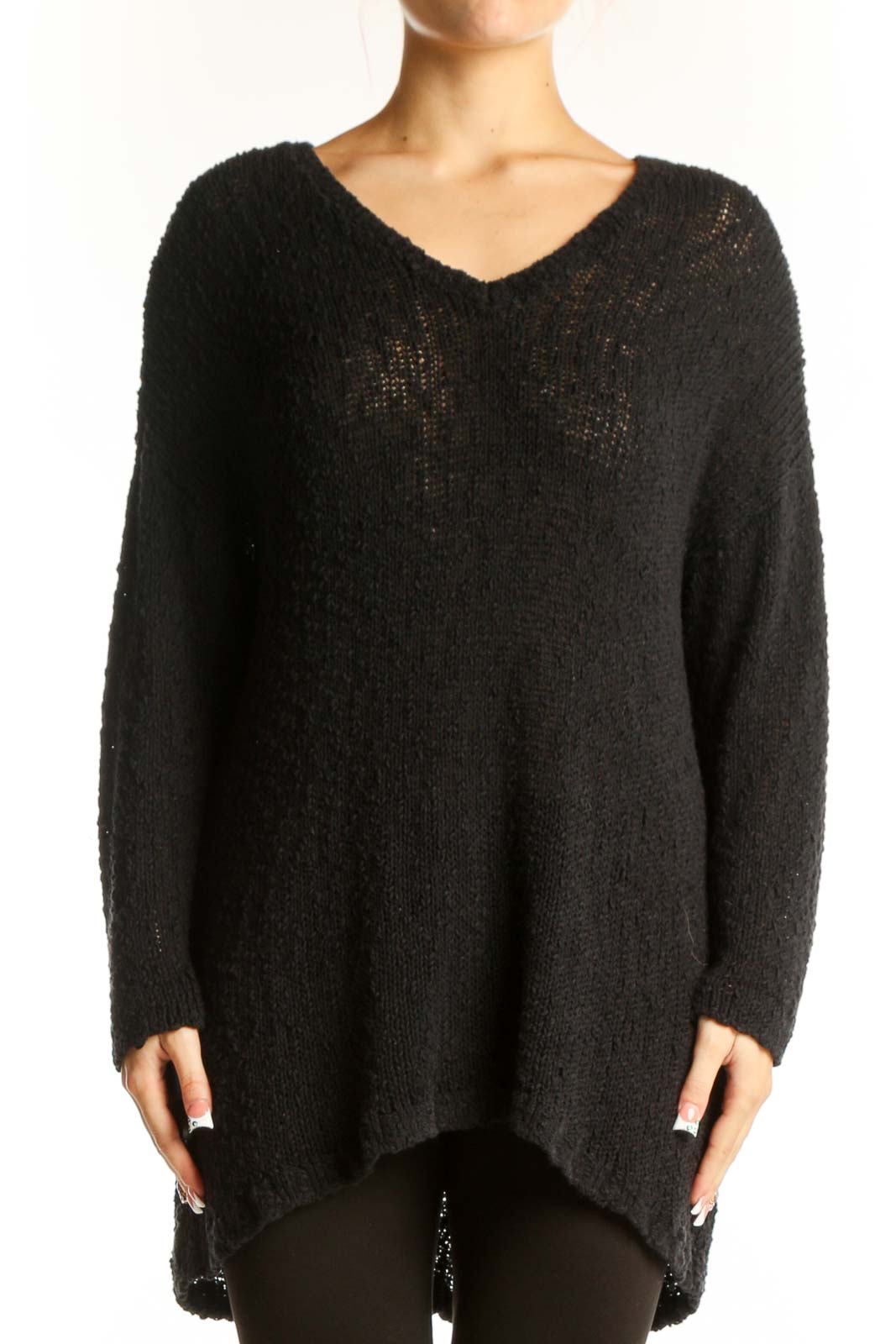 Front view of black oversized V-neck knit sweater from Lucky Brand