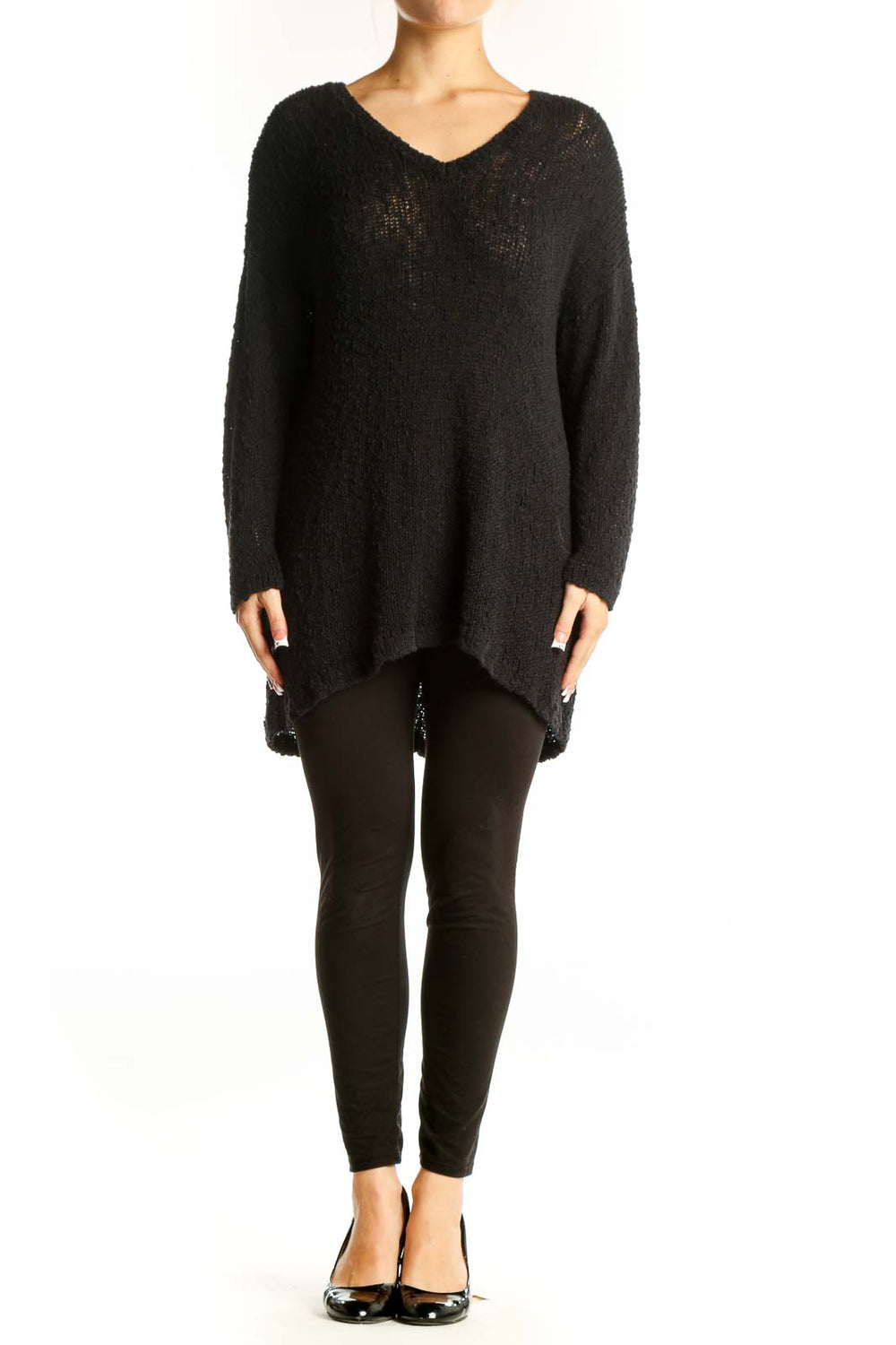 Front view of black oversized V-neck knit sweater from Lucky Brand