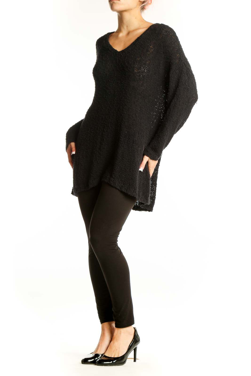 Front view of black oversized V-neck knit sweater from Lucky Brand