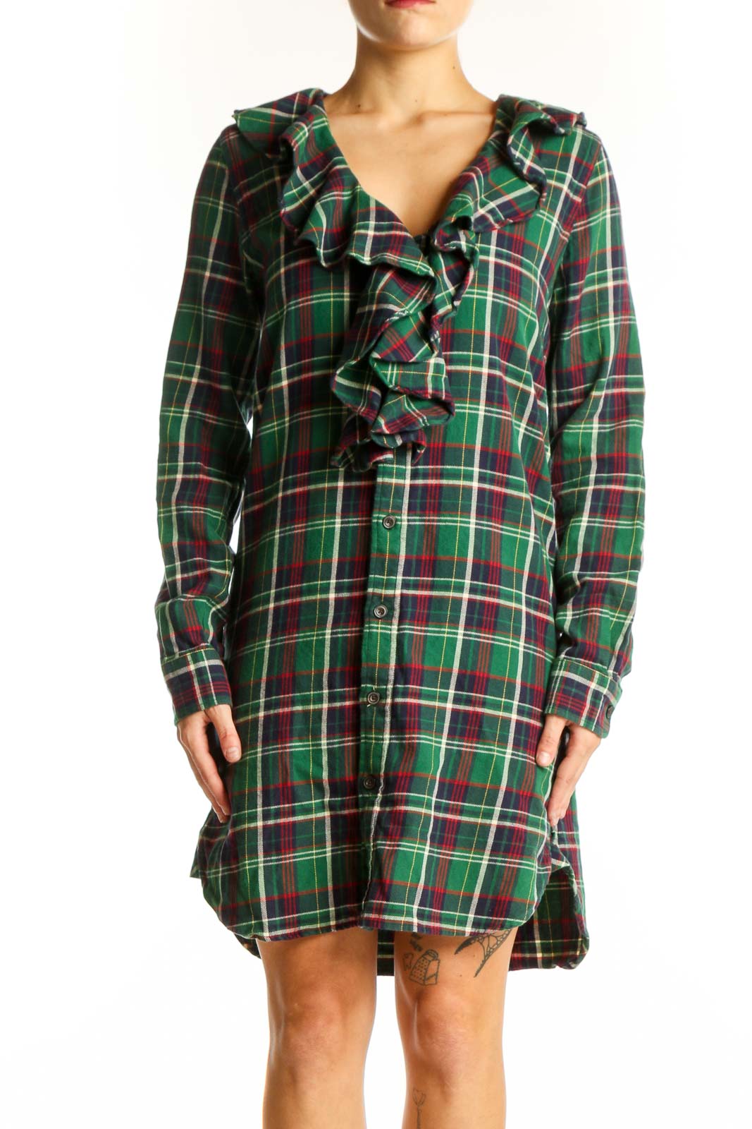 Front view of Ralph Lauren green plaid cotton shirt dress with ruffle detail