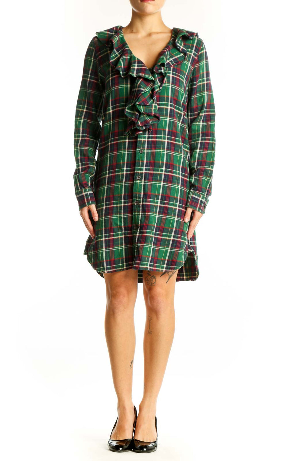 Front view of Ralph Lauren green plaid cotton shirt dress with ruffle detail