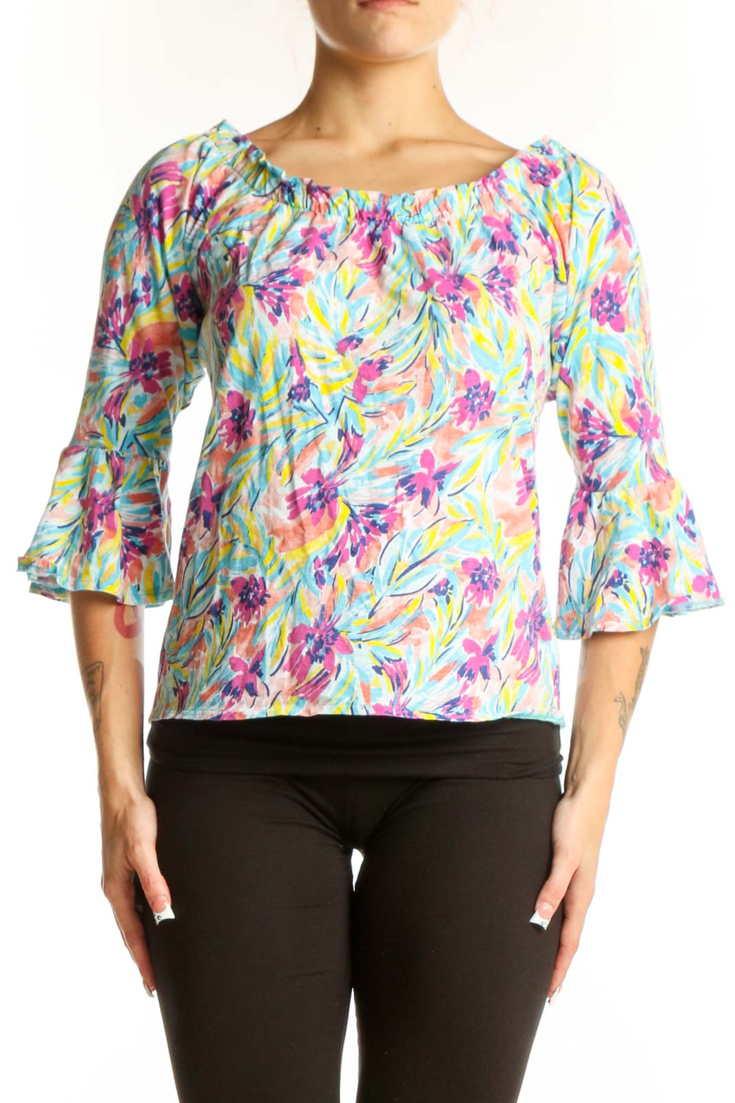 Front view of Stella Parker multicolor floral print off-shoulder top with bell sleeves