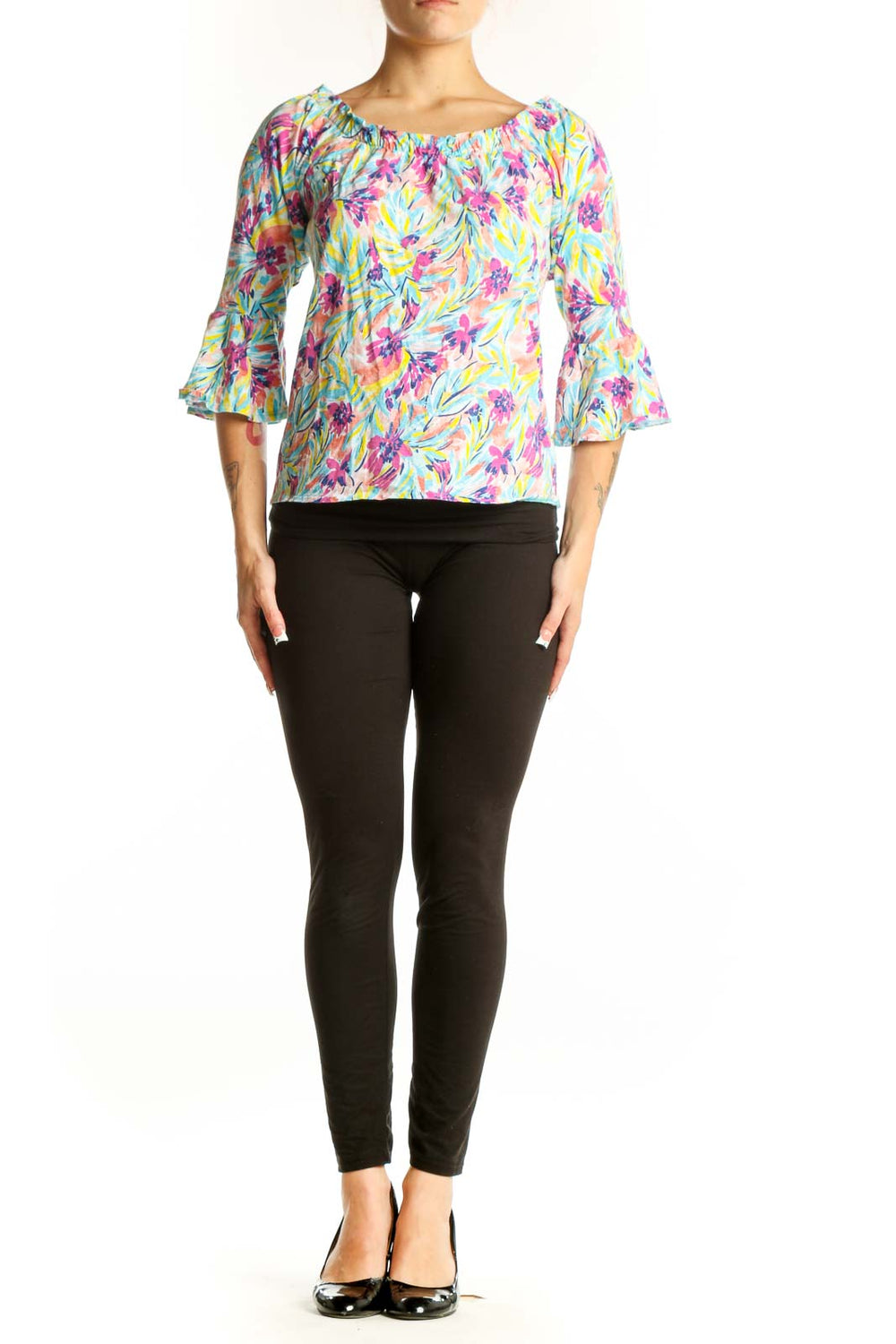 Front view of Stella Parker multicolor floral print off-shoulder top with bell sleeves