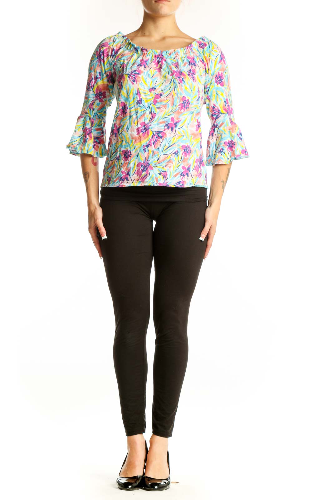 Front view of Stella Parker multicolor floral print off-shoulder top with bell sleeves